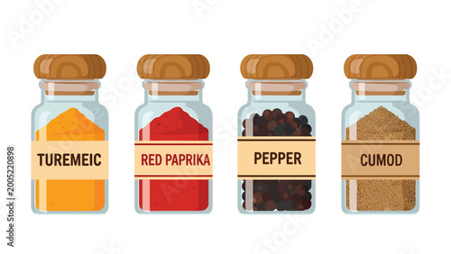 Collection of spice jars in flat design. Glass containers with turmeric, red paprika, pepper, and cumin for cooking and seasoning.