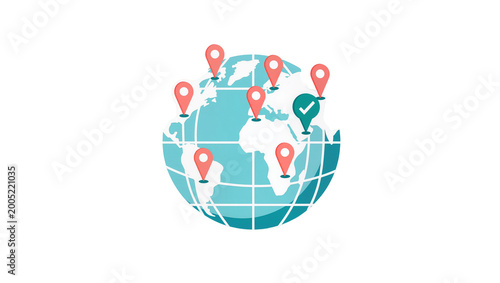 Blue Globe with Coral Pink Location Markers and Checkmark