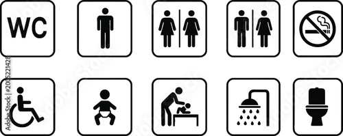 Public restroom and bathroom sign set with WC gender and handicap symbols.