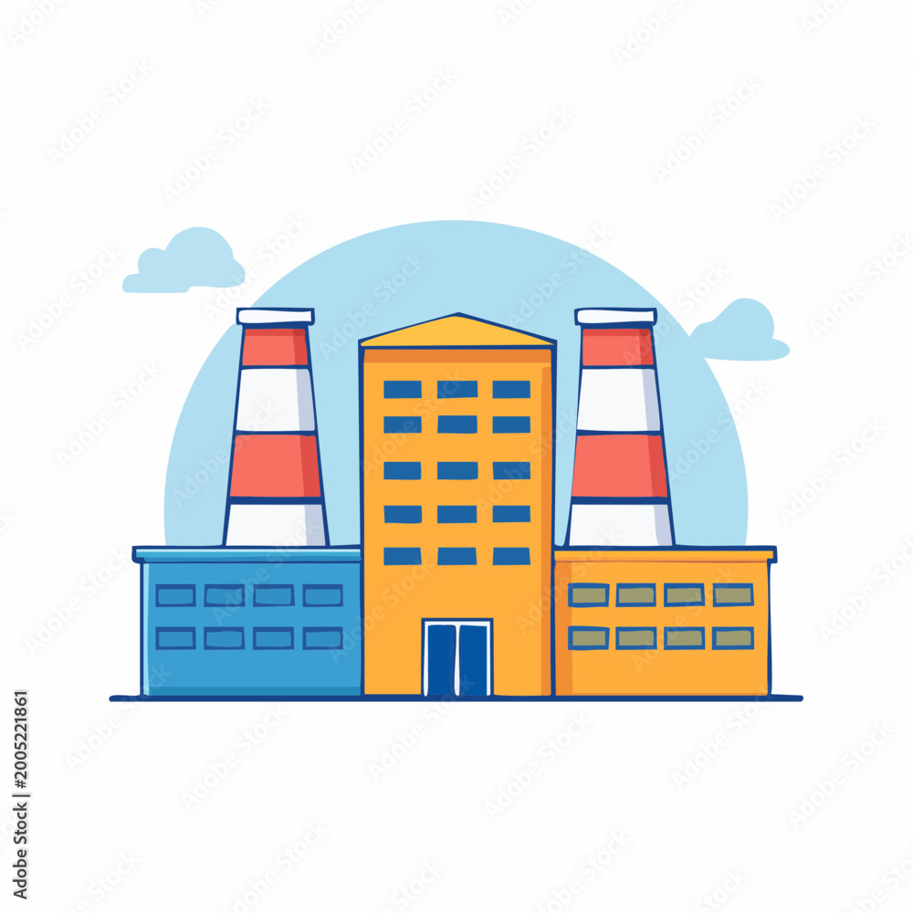 Fototapeta premium Cartoon Factory Building with Smokestacks