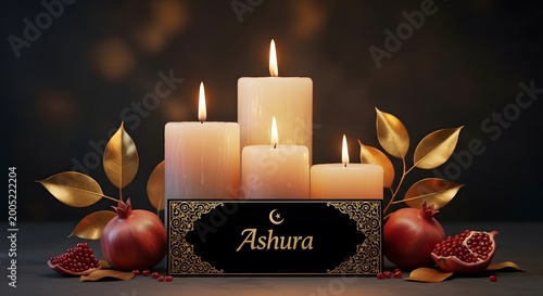Happy ashura day a colorful background concept with lit candles and pomegranates