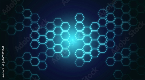 Vibrant blue hexagons converge in a radiant abstract pattern on a dark background