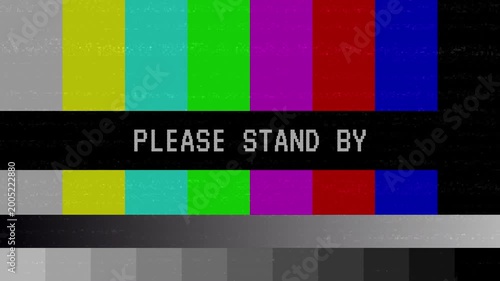 Horizontal TV static noise and glitch effect with please stand by text and color pattern background. 4K video animation