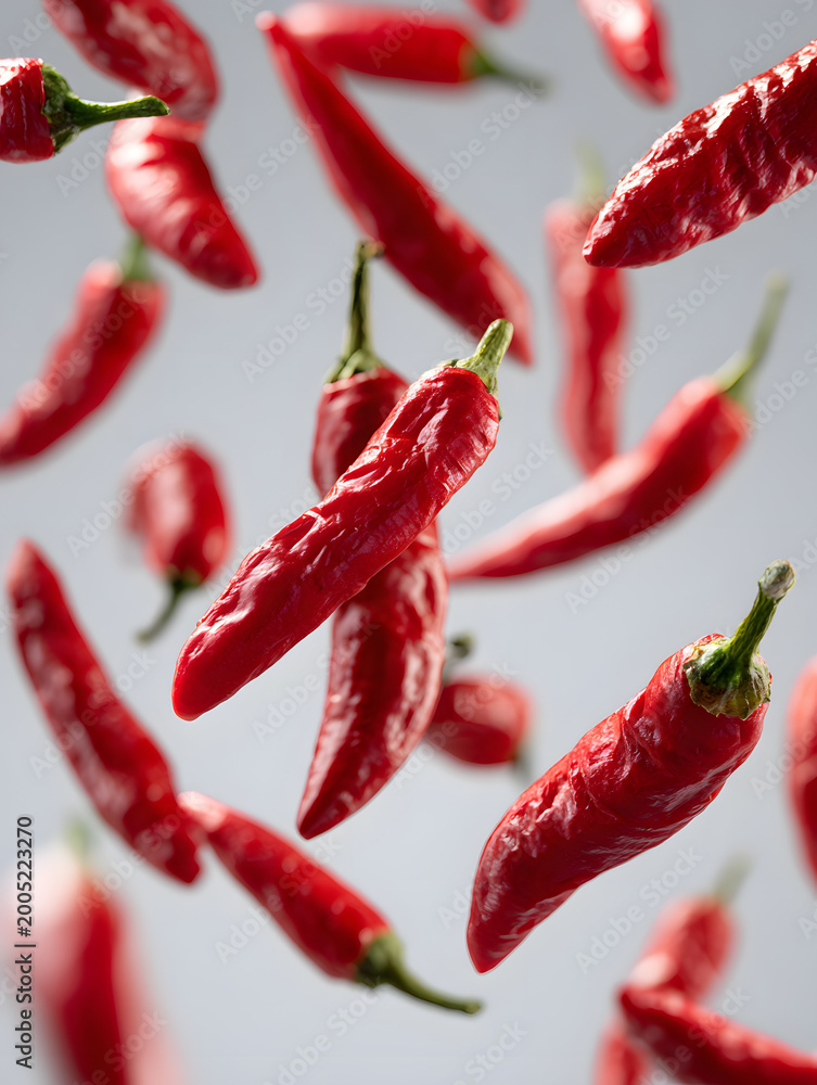 Fototapeta premium Red chili peppers floating in air on white studio background, sharp focus food photo