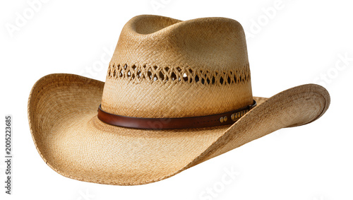 Quadro su tela Tan Straw Cowboy Hat with Brown Leather Band and Decorative Trim