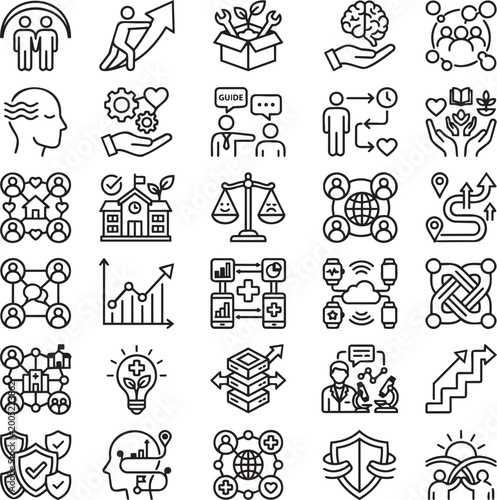 Schilderij op canvas 30 Youth Mental Health & Resilience Line Icons – Teen Support, Coping Skills, We