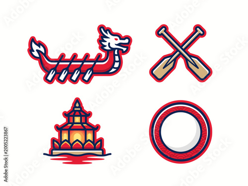 Colorful vector icons of dragon boat festival symbols and objects