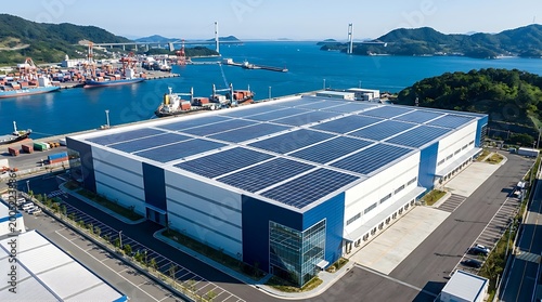 Aerial view of modern logistics center warehouse with solar panels on roof near cargo port and suspension bridge sustainable energy