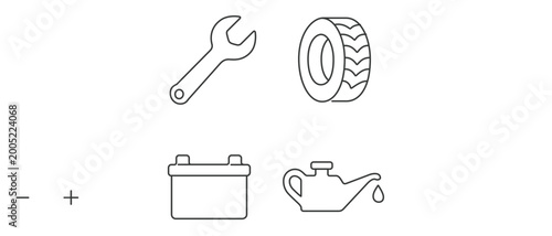 Automotive repair shop vector icon set collection of 4 icons featuring a wrench, car tire, vehicle battery, and oil can. Perfect for mechanic services, garage maintenance, and car care designs.