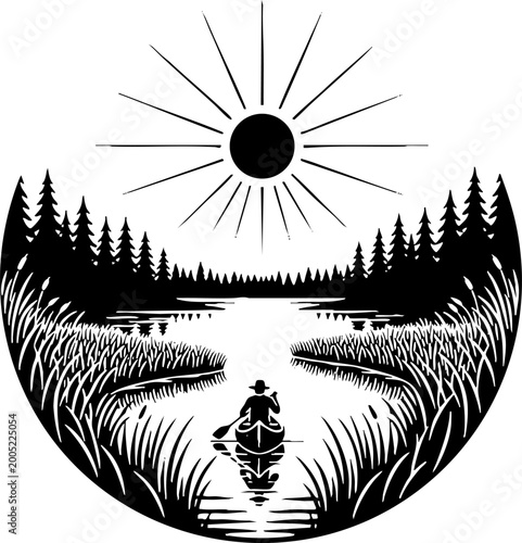 Minimalist vector illustration of a person canoeing on a forest lake