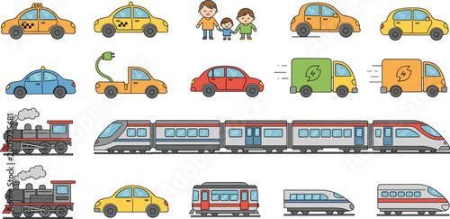 Photos Set of Colorful Vehicle Vectors Including Taxis, Electric Cars, Trains, and Fami