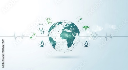 A global health and medical infographic with a stylized Earth at the center, surrounded by medical icons and a heartbeat line. The background is light blue with a clean, modern design.