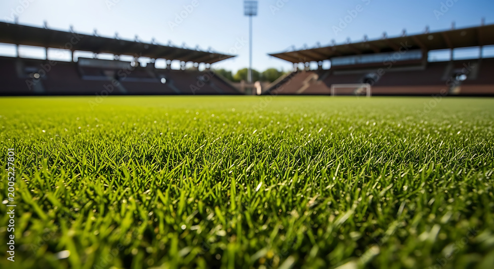 Fototapeta premium Empty stadium soccer field with green grass and bright daylight football daylight professional competition landscape sporting bleachers athletic perspective architecture