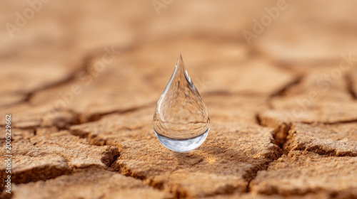 Single water droplet resting on cracked dry soil surface, highlighting the contrast between moisture and drought conditions in an arid environment