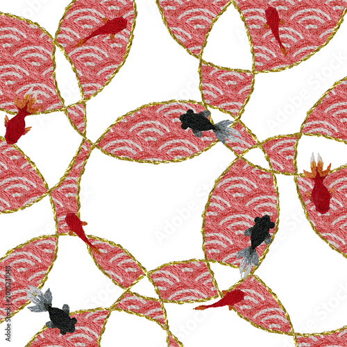 手刺繍の和風の青海波と金魚の背景装飾