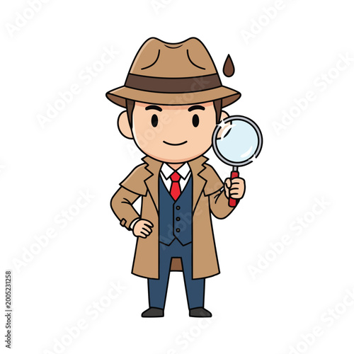 Cartoon detective with magnifying glass smiling