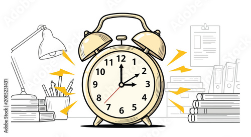 Alarm clock with study items and time management illustration
