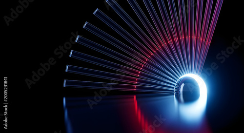 Vibrant optical fibers emitting red and blue light on a dark background with a reflective surface