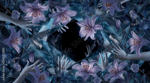 ガラスの破片と白い手と百合の花が不気味に蠢くダークな背景動画 generative ai