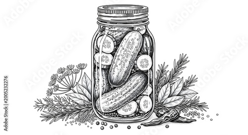Hand drawn illustration of pickled cucumbers with dill and spices in a glass jar isolated on transparent background