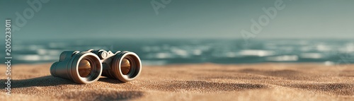 Binoculars resting on a sandy beach with a blurred ocean horizon under a soft, cloudy sky.