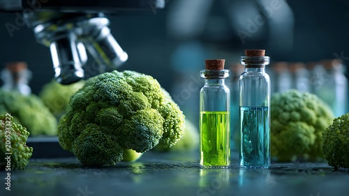 Close-Up of Broccoli Florets Next to Microscopic Glass Vials with Colored Liquids