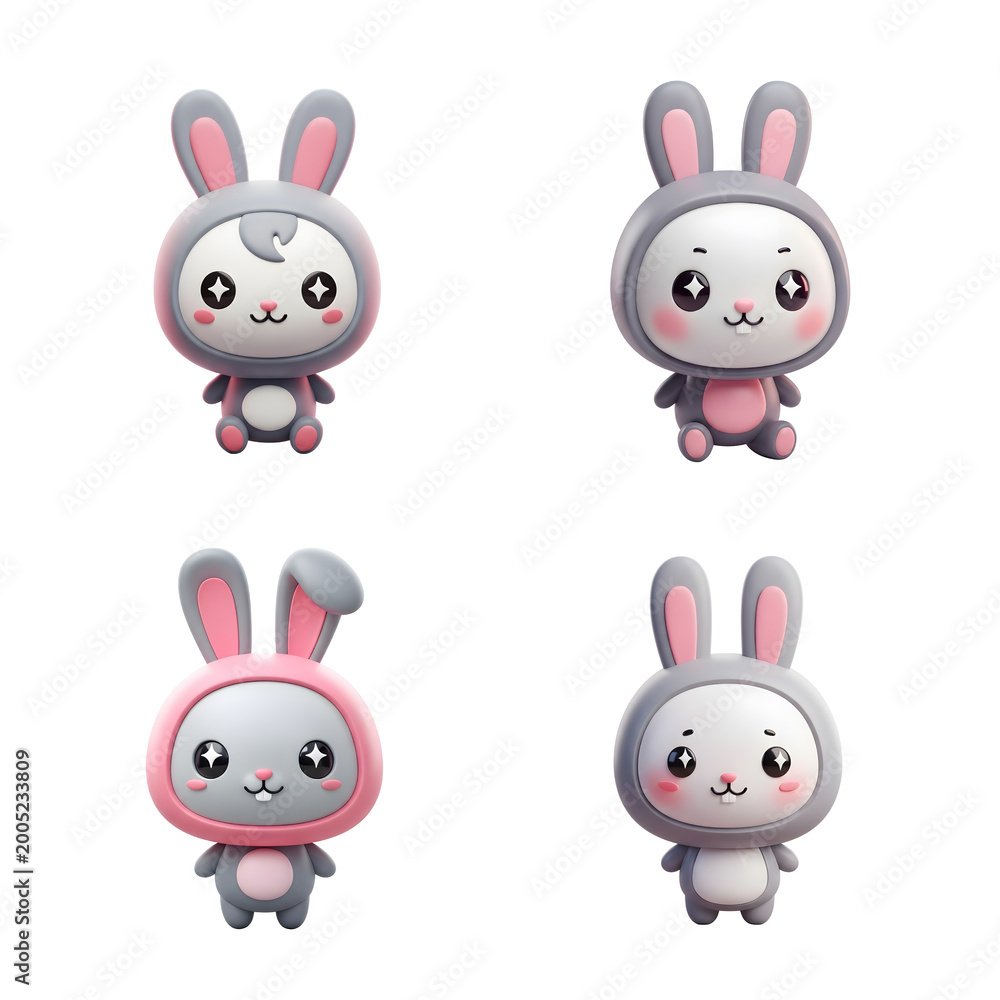 Fototapeta premium Cute bunny character set soft pastel 3d style