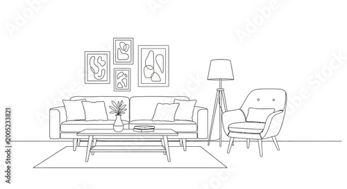 Modern Living Room Sketch: An elegant line drawing captures a minimalist living space, showcasing a stylish sofa adorned with cushions, a comfortable armchair, a sleek coffee table.