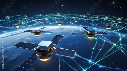 Futuristic Nanosatellite Swarm Orbiting Earth at Night