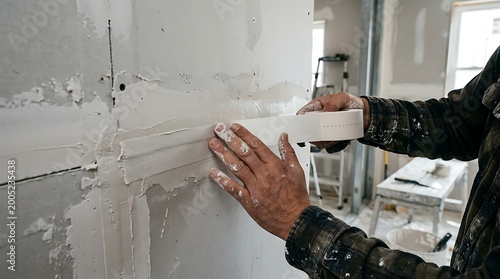 Close-up of a construction worker applying drywall tape to a wall during home renovation