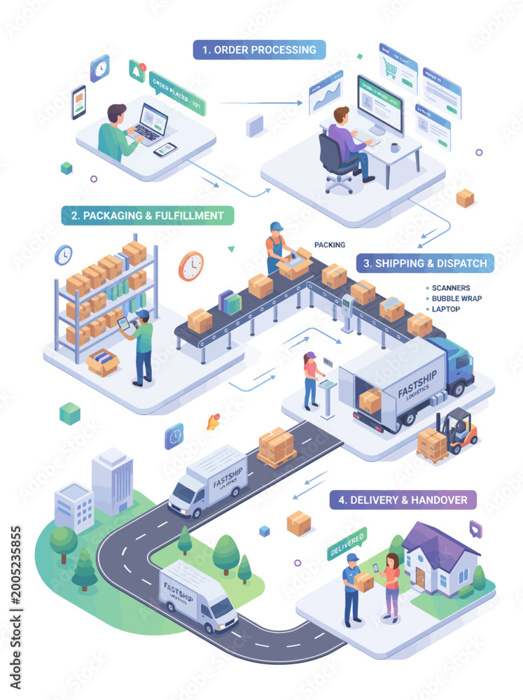 Fototapeta premium Isometric e-commerce logistics workflow illustration detailing order processing, warehouse fulfillment, shipping, and last-mile delivery services