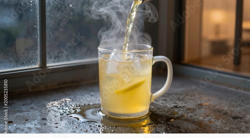 Glass mug steaming lemon drink being poured on windowsill