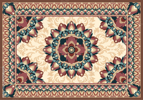 Vintage floral mandala damask pattern in warm beige, red and teal tones with ornate border, ideal for textile, wallpaper, and classic decor.