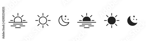 Photos Time of the day icons showing morning sunrise, bright noon sun, evening sunset, and night moon with stars