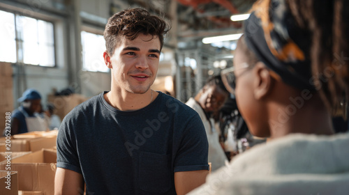 Modern gen z male volunteer talking with teammate while organizing donation boxes, medium close-up community service scene, bright indoor hall lighting, authentic teamwork moment background with