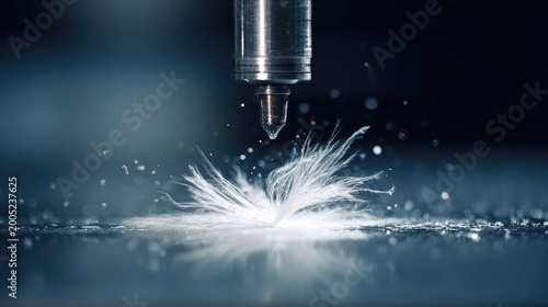 Fine wisps of material explode outwards from a metallic tool tip in a splash of light