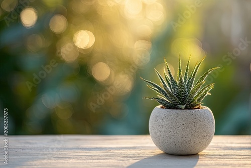 Small succulent in a textured pot on a wooden surface, bathed in warm golden light