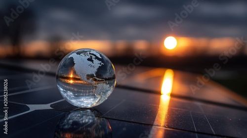 A glass globe on solar panels at sunset, reflecting the warm sun