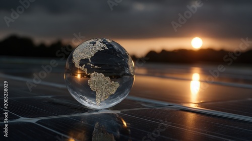 Transparent sphere of earth on solar panels at sunset, reflecting light