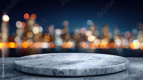 Empty stone platform against a blurred urban night skyline, city lights glowing
