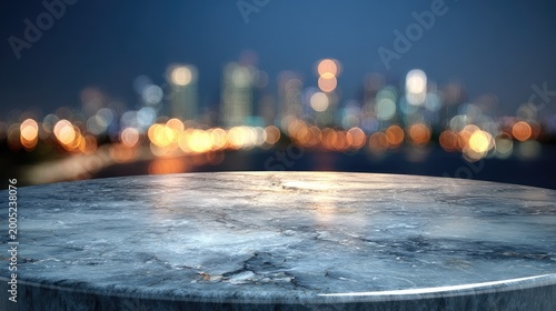 Marble countertop foreground with blurred city lights at night backdrop