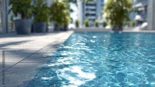 Refreshing pool water sparkles in sunlight, with potted plants in background