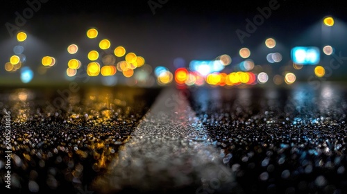 Wet asphalt road at night with blurred city lights creating a bokeh effect