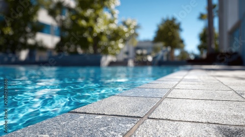 A sunlit poolside with glistening blue water, tiled edge, and blurred greenery