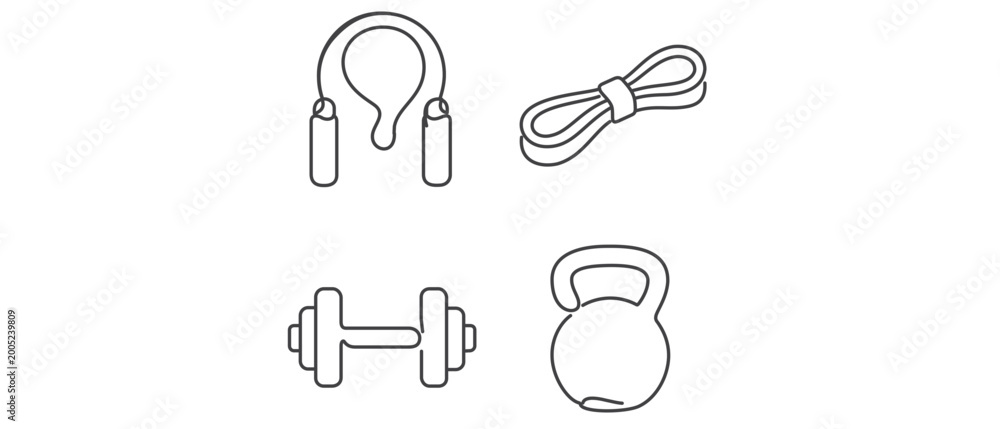 Naklejka premium Minimalist vector icon set featuring a collection of 4 home gym equipment designs: jump rope, resistance band, dumbbell, and kettlebell for fitness, sports, and workout training illustrations.