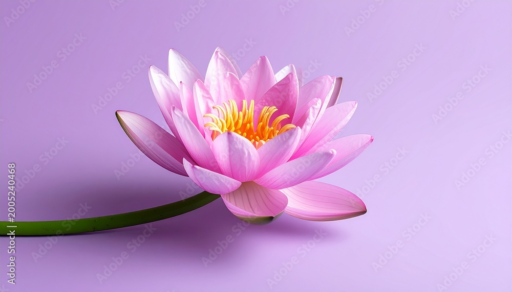 Obraz premium Beautiful Pink Lotus Flower Blossom with Green Stem on a Soft Purple Background