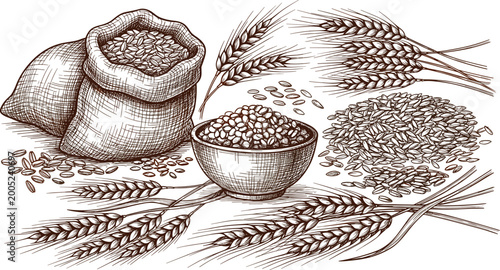 Fényképezés Vintage hand drawn sketch of wheat ears grain sacks and bowls for bakery agricul