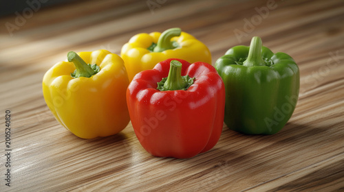 Colorful bell peppers on wooden surface in minimal setting for healthy cooking Generative AI