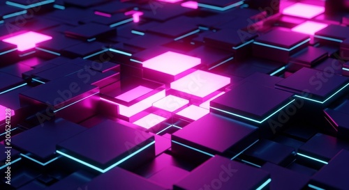 Cyberfuturistic transparent glass elements and liquid acrylic red purple blue glow on black backdrop cinematic tech background design cover art visuals 3d rendering 