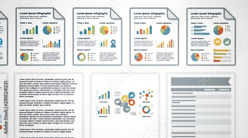 Set of infographic document templates with charts and graphs